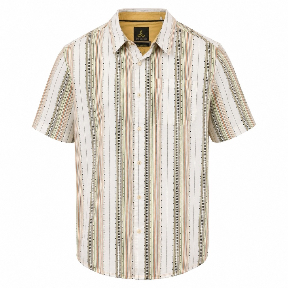 Prana Men's Large Short Sleeve Button Down Shirt Striped White Green Orange